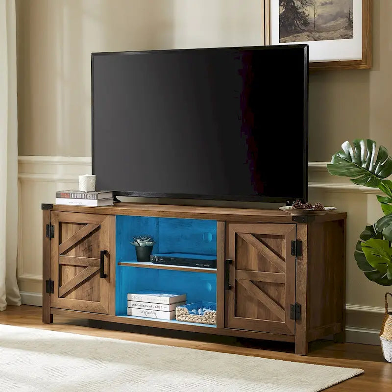 Meuble TV de style rustique avec portes coulissantes pour téléviseurs jusqu'à 70 pouces