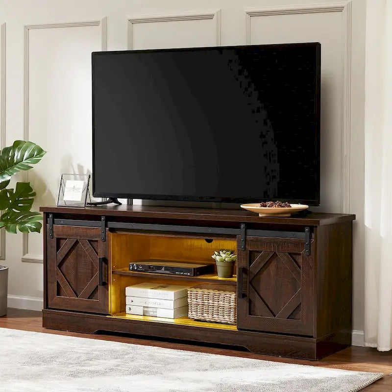 Meuble TV de style rustique avec portes coulissantes pour téléviseurs jusqu'à 70 pouces