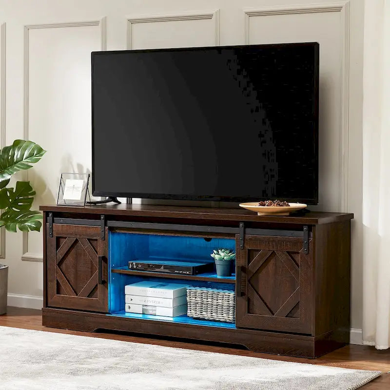 Meuble TV de style rustique avec portes coulissantes pour téléviseurs jusqu'à 70 pouces
