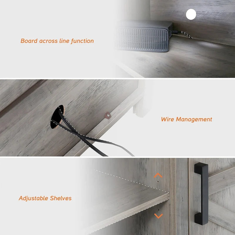 Meuble TV de style rustique avec portes coulissantes pour téléviseurs jusqu'à 70 pouces