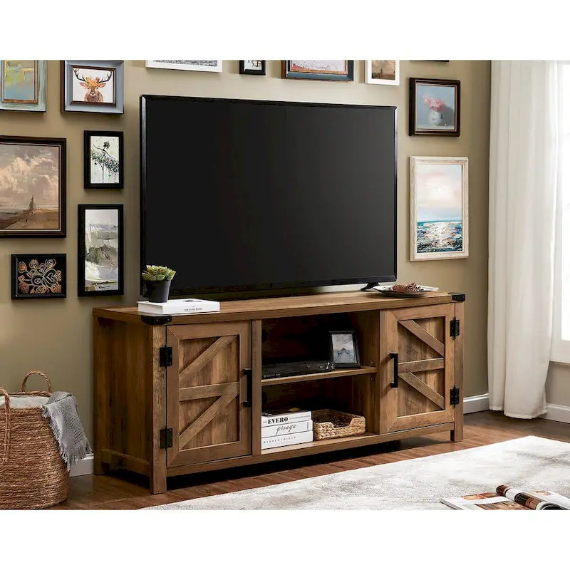 Meuble TV de style rustique avec portes coulissantes pour téléviseurs jusqu'à 70 pouces