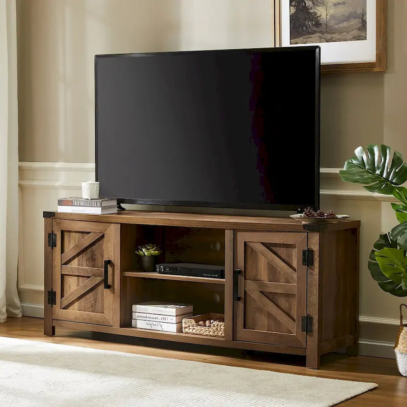 Meuble TV de style rustique avec portes coulissantes pour téléviseurs jusqu'à 70 pouces