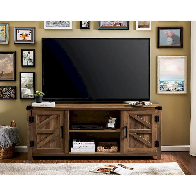 Meuble TV de style rustique avec portes coulissantes pour téléviseurs jusqu'à 70 pouces