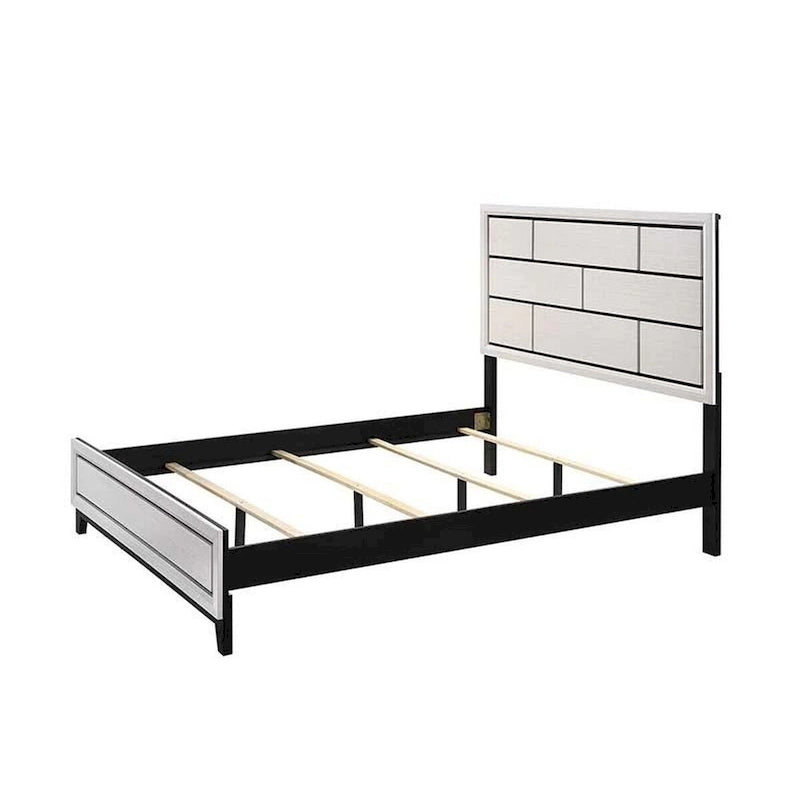 Lit Queen Size, Tête de Lit à Panneaux Géométriques, Finition Bois Blanc Moderne