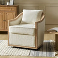 Fauteuil tonneau pivotant avec bordure en bois massif de style campagnard et coussins décoratifs
