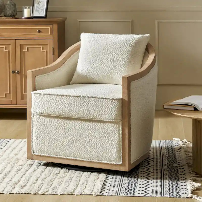 Fauteuil tonneau pivotant avec bordure en bois massif de style campagnard et coussins décoratifs
