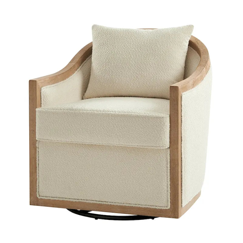 Fauteuil tonneau pivotant avec bordure en bois massif de style campagnard et coussins décoratifs