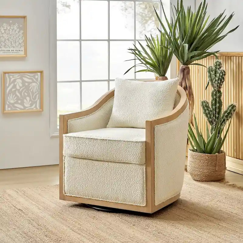 Fauteuil tonneau pivotant avec bordure en bois massif de style campagnard et coussins décoratifs