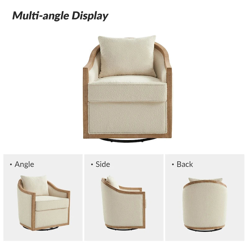 Fauteuil tonneau pivotant avec bordure en bois massif de style campagnard et coussins décoratifs