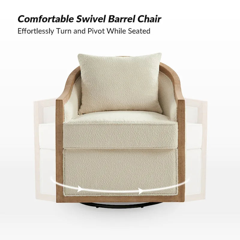 Fauteuil tonneau pivotant avec bordure en bois massif de style campagnard et coussins décoratifs