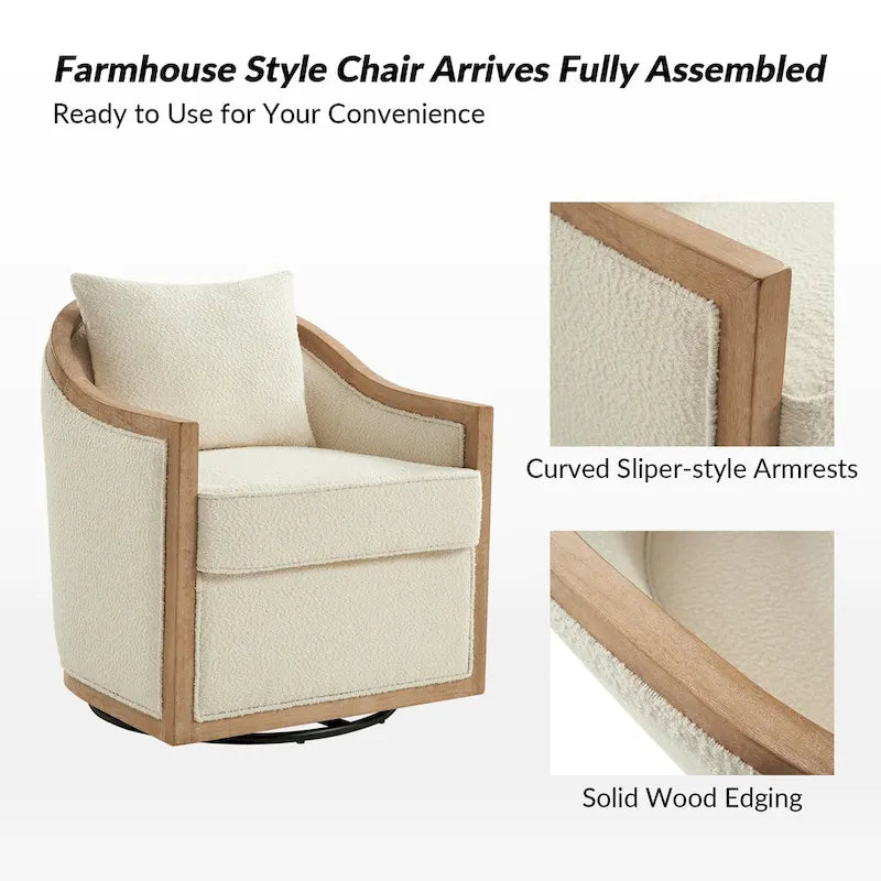 Fauteuil tonneau pivotant avec bordure en bois massif de style campagnard et coussins décoratifs