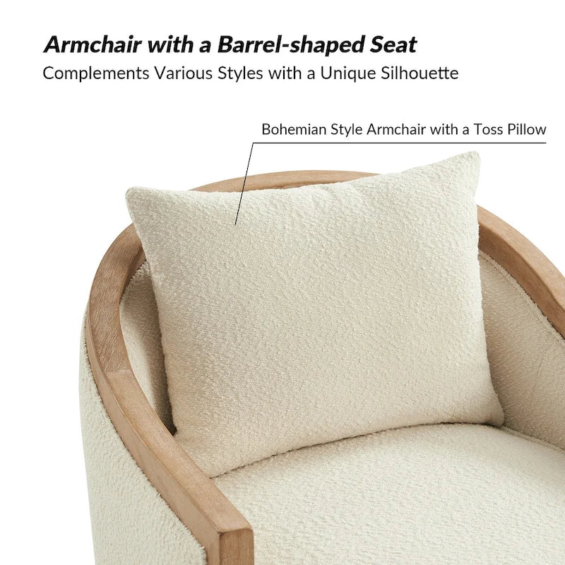 Fauteuil tonneau pivotant avec bordure en bois massif de style campagnard et coussins décoratifs