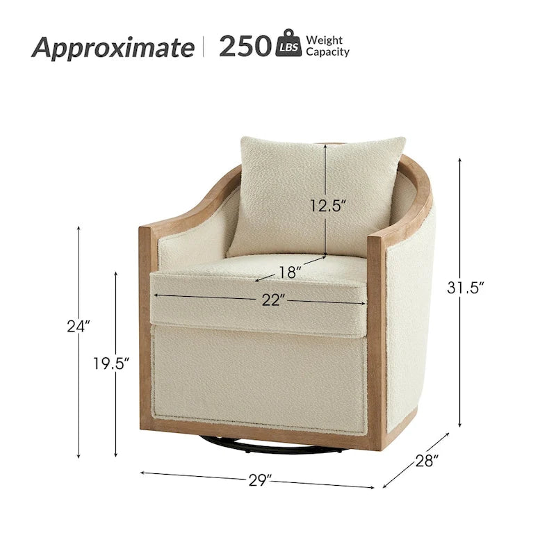 Fauteuil tonneau pivotant avec bordure en bois massif de style campagnard et coussins décoratifs