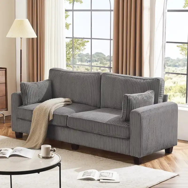 81 Canapé 3 places moderne en velours côtelé, canapé rectangaire rembourré en polyester avec base en bois pour salon
