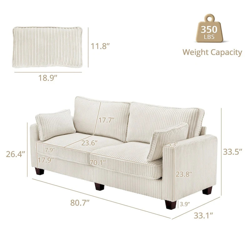 81 Canapé 3 places moderne en velours côtelé, canapé rectangaire rembourré en polyester avec base en bois pour salon
