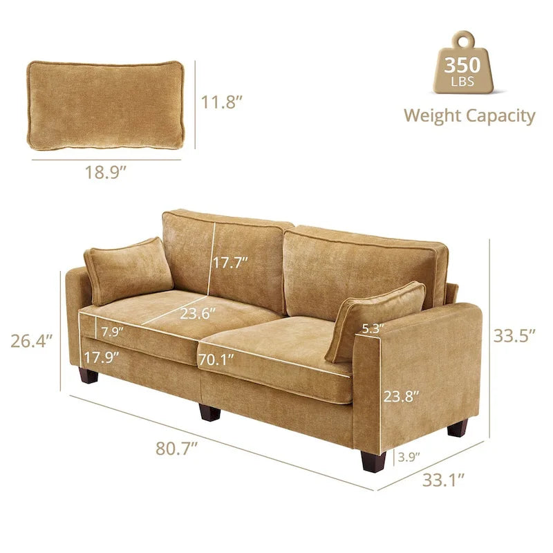 81 Canapé 3 places moderne en velours côtelé, canapé rectangaire rembourré en polyester avec base en bois pour salon