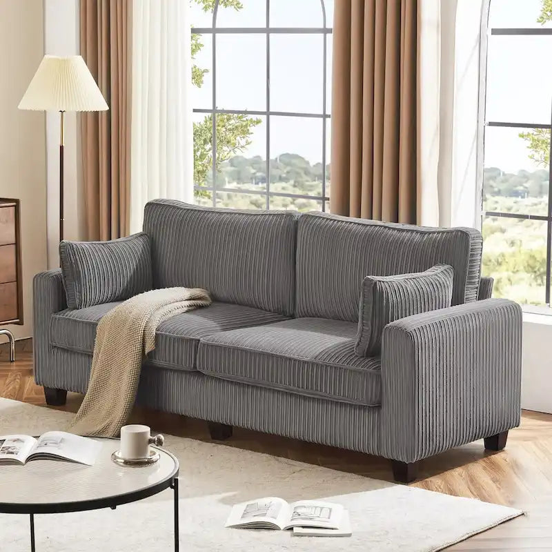 81 Canapé 3 places moderne en velours côtelé, canapé rectangaire rembourré en polyester avec base en bois pour salon