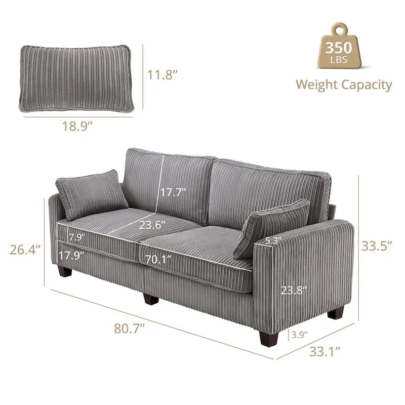 81 Canapé 3 places moderne en velours côtelé, canapé rectangaire rembourré en polyester avec base en bois pour salon
