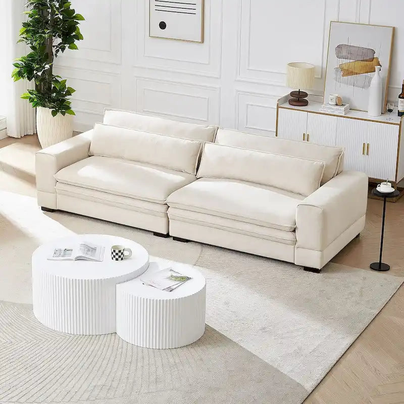 Canapé en tissu moderne du milieu du siècle, 104 po, canapé rembourré avec 2 oreillers, pieds en bois massif