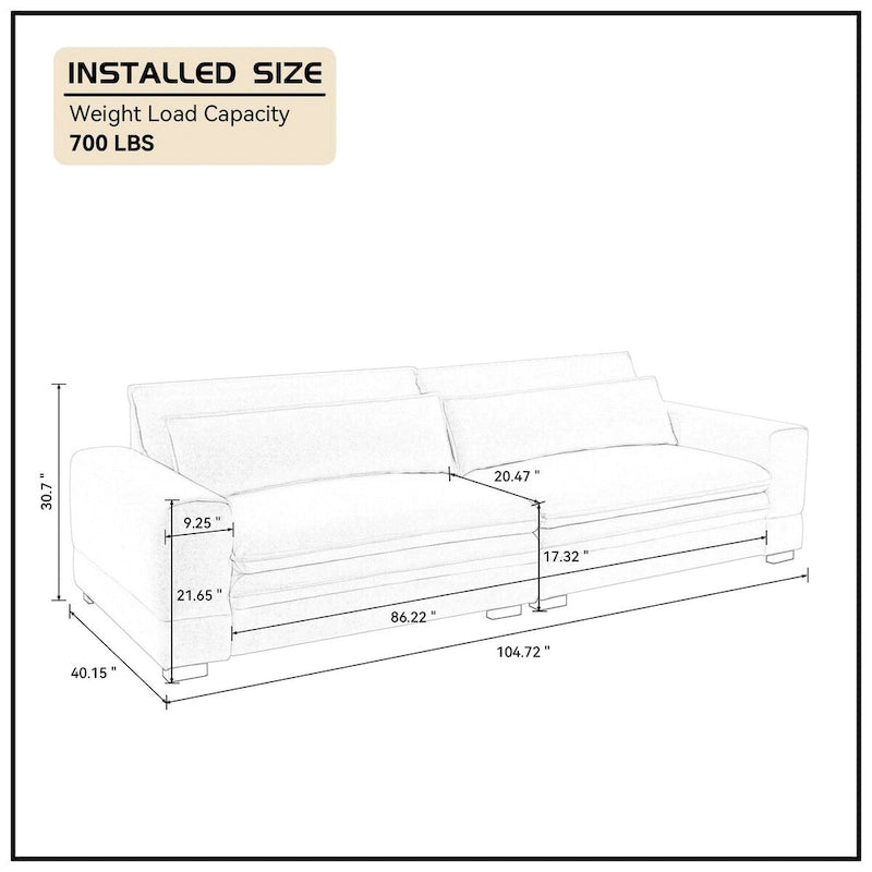Canapé en tissu moderne du milieu du siècle, 104 po, canapé rembourré avec 2 oreillers, pieds en bois massif