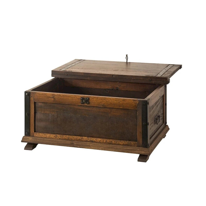 Malle ou table basse en bois de grange massif recyclé et fer forgé pour l'intérieur, 91 cm de large