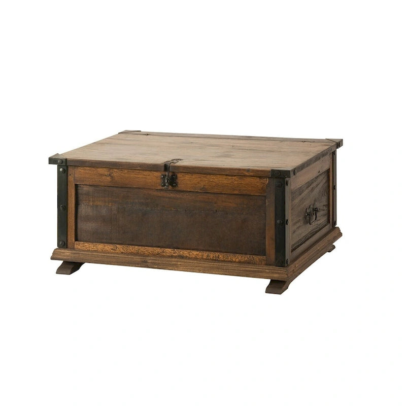 Malle ou table basse en bois de grange massif recyclé et fer forgé pour l'intérieur, 91 cm de large