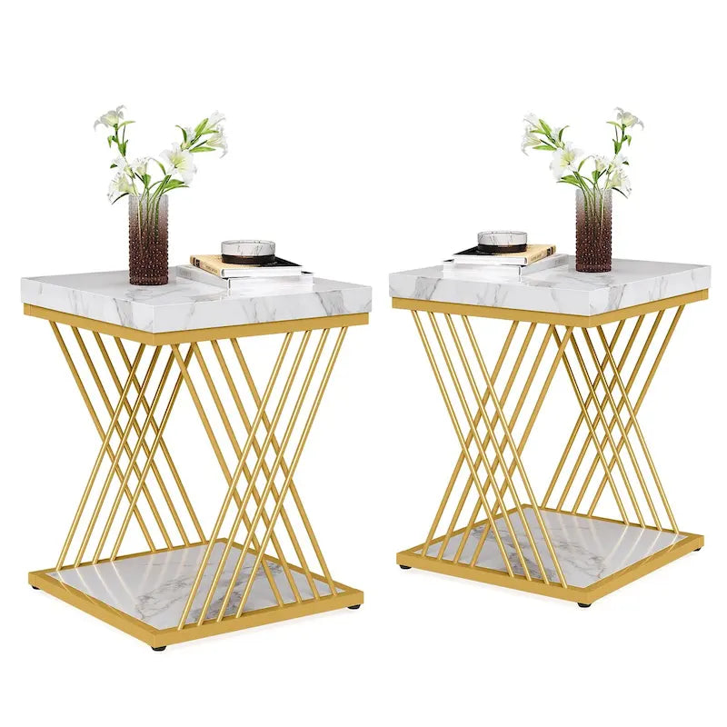 Table d'appoint carrée en faux marbre de 49,9 cm, tables de chevet modernes, table d'appoint dorée pour salon