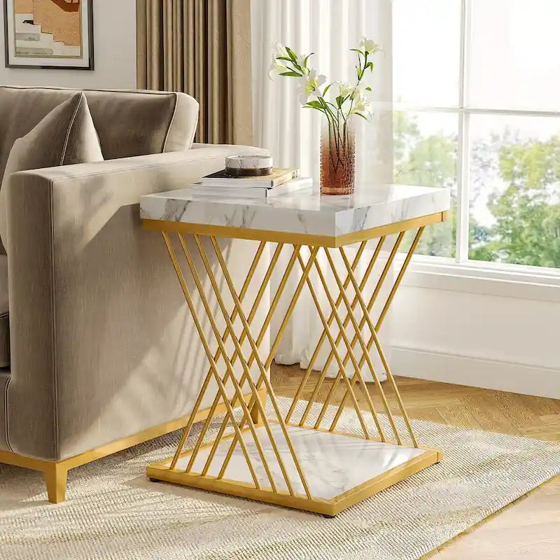 Table d'appoint carrée en faux marbre de 49,9 cm, tables de chevet modernes, table d'appoint dorée pour salon