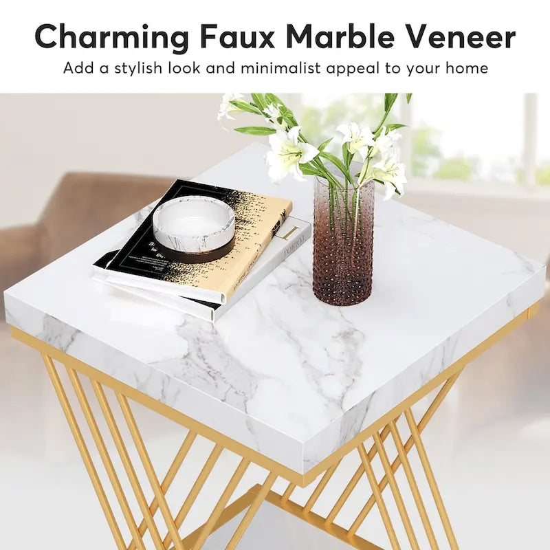 Table d'appoint carrée en faux marbre de 49,9 cm, tables de chevet modernes, table d'appoint dorée pour salon