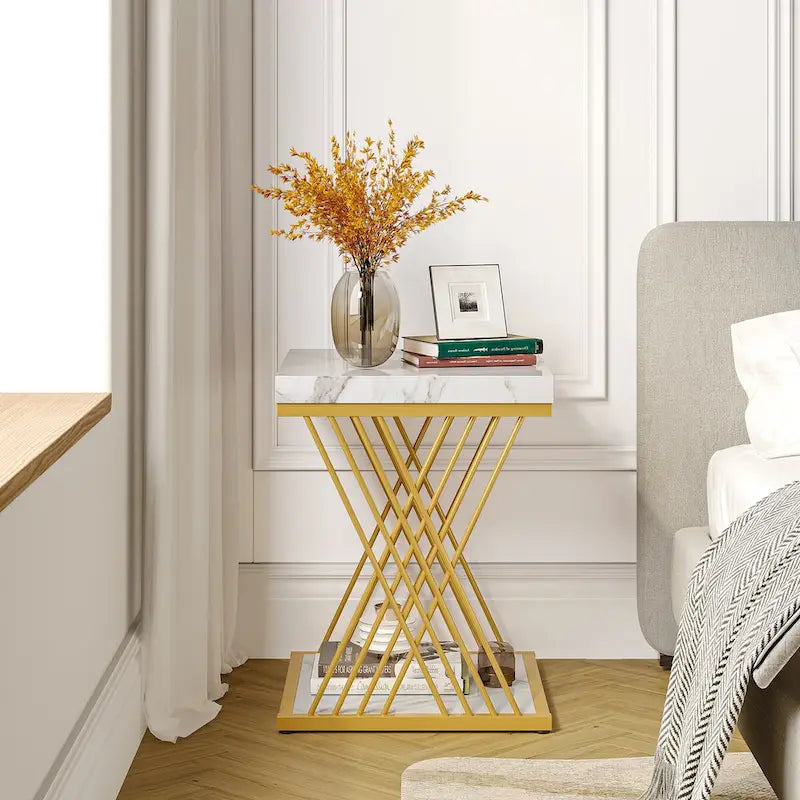 Table d'appoint carrée en faux marbre de 49,9 cm, tables de chevet modernes, table d'appoint dorée pour salon