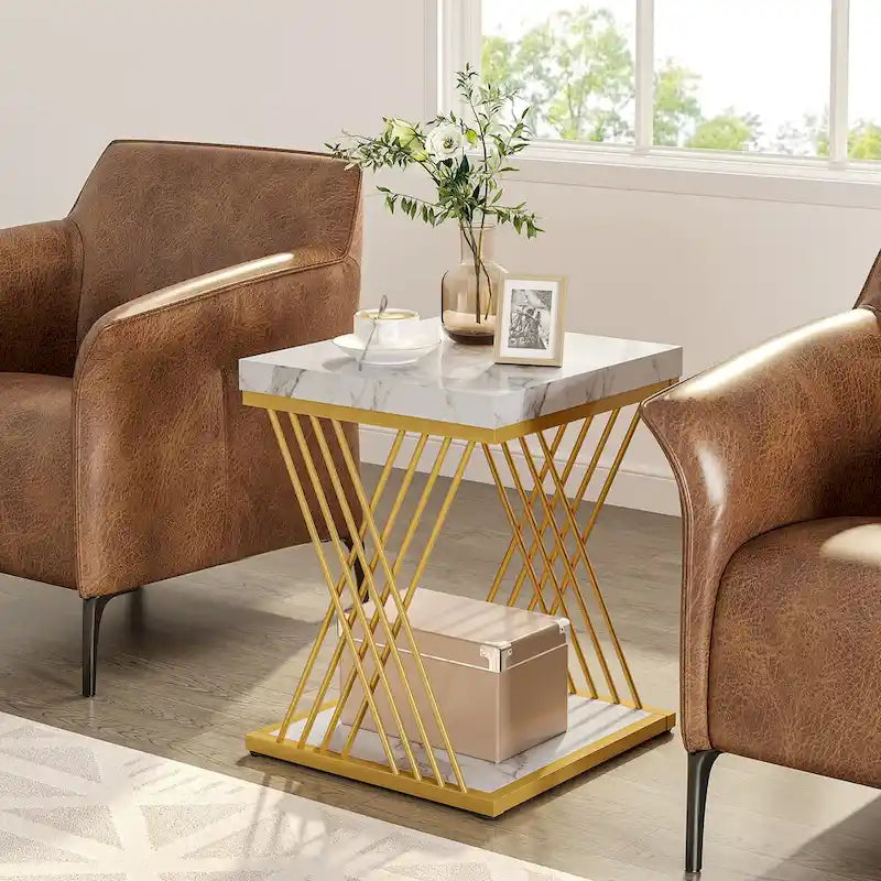 Table d'appoint carrée en faux marbre de 49,9 cm, tables de chevet modernes, table d'appoint dorée pour salon