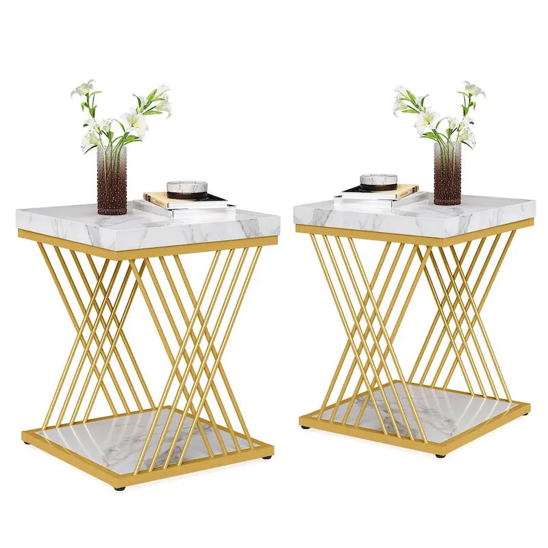 Table d'appoint carrée en faux marbre de 49,9 cm, tables de chevet modernes, table d'appoint dorée pour salon