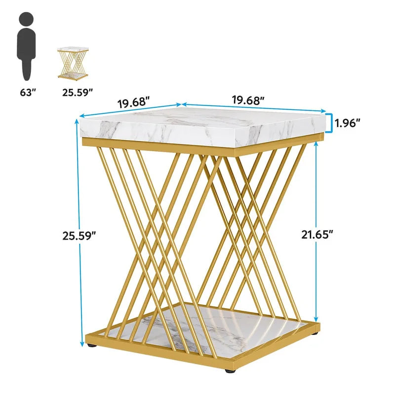 Table d'appoint carrée en faux marbre de 49,9 cm, tables de chevet modernes, table d'appoint dorée pour salon