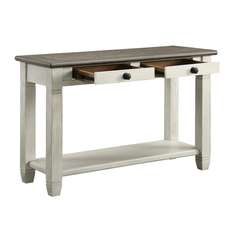 Console 48 po, rectangulaire, 2 tiroirs, blanc, marron, bois massif