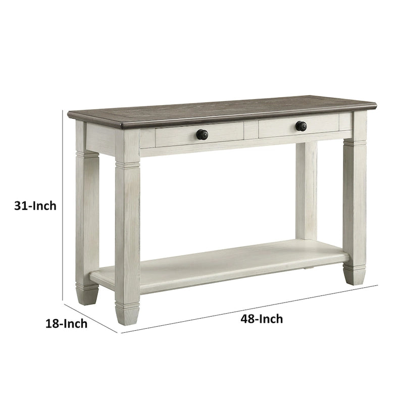 Console 48 po, rectangulaire, 2 tiroirs, blanc, marron, bois massif