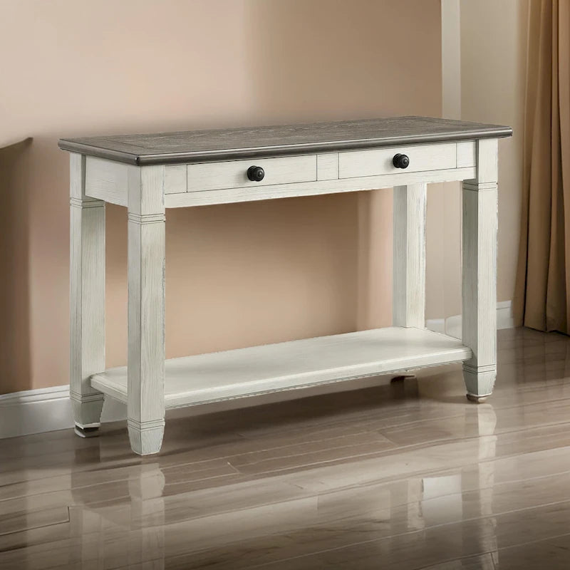 Console 48 po, rectangulaire, 2 tiroirs, blanc, marron, bois massif