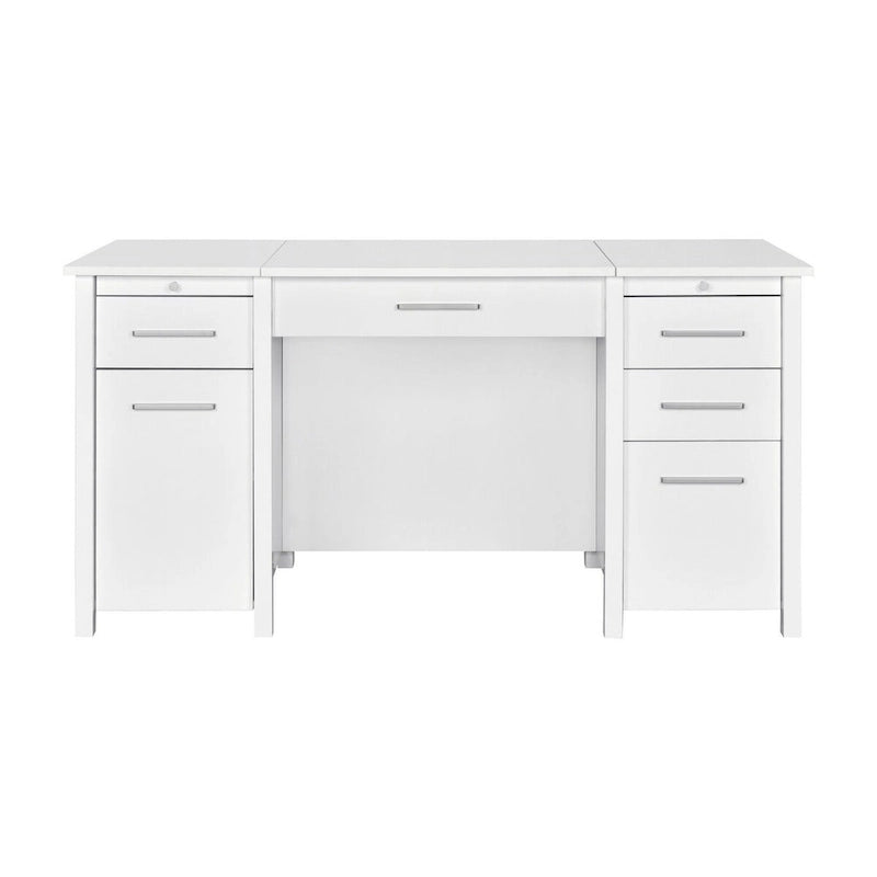 Bureau de 60 po à plateau relevable, 4 tiroirs, 2 tablettes coulissantes, blanc lustré