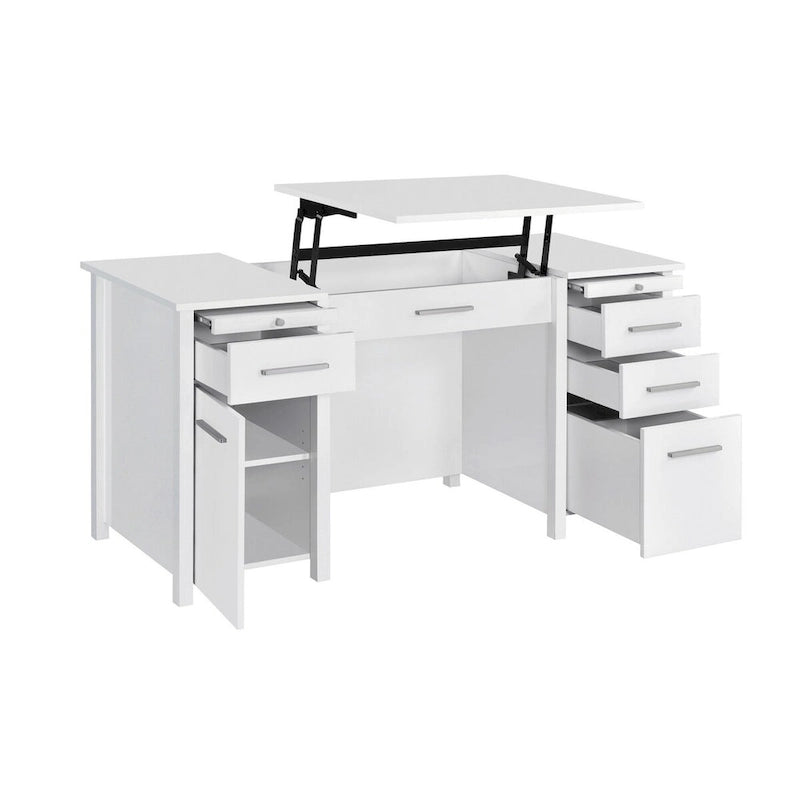 Bureau de 60 po à plateau relevable, 4 tiroirs, 2 tablettes coulissantes, blanc lustré