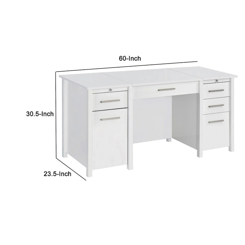 Bureau de 60 po à plateau relevable, 4 tiroirs, 2 tablettes coulissantes, blanc lustré