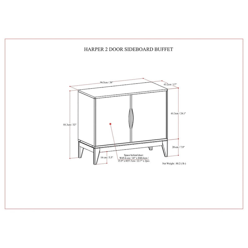 Buffet/Meuble de rangement moderne rectangulaire de 96,5 cm avec 2 portes en noyer brun