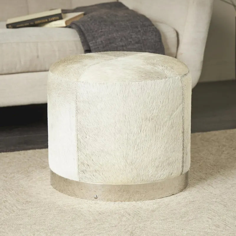 Tabouret de salon en patchwork de cuir avec base en métal argenté - Gris - Roche River Decor